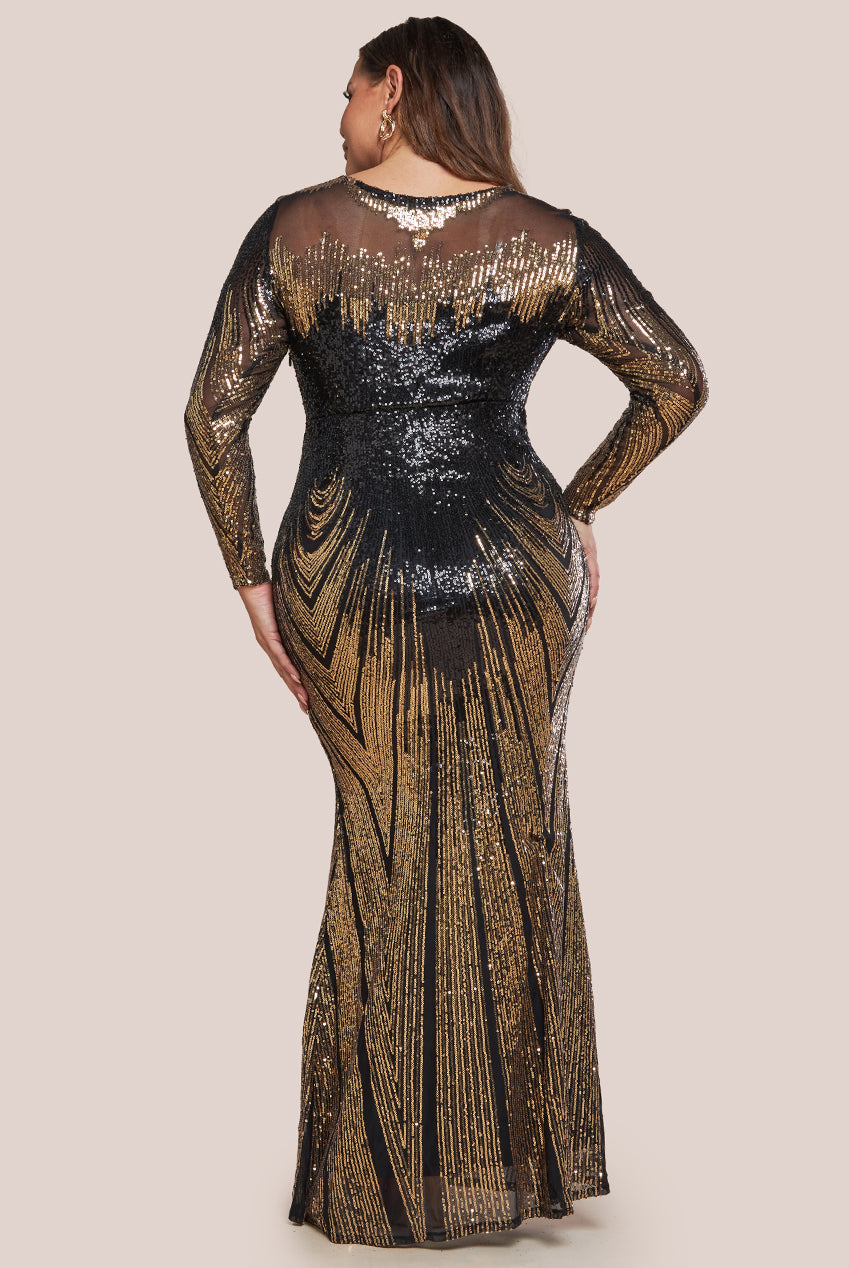 Goddiva Plus Long Sleeve Aztec Sequin Maxi Dress - Gold