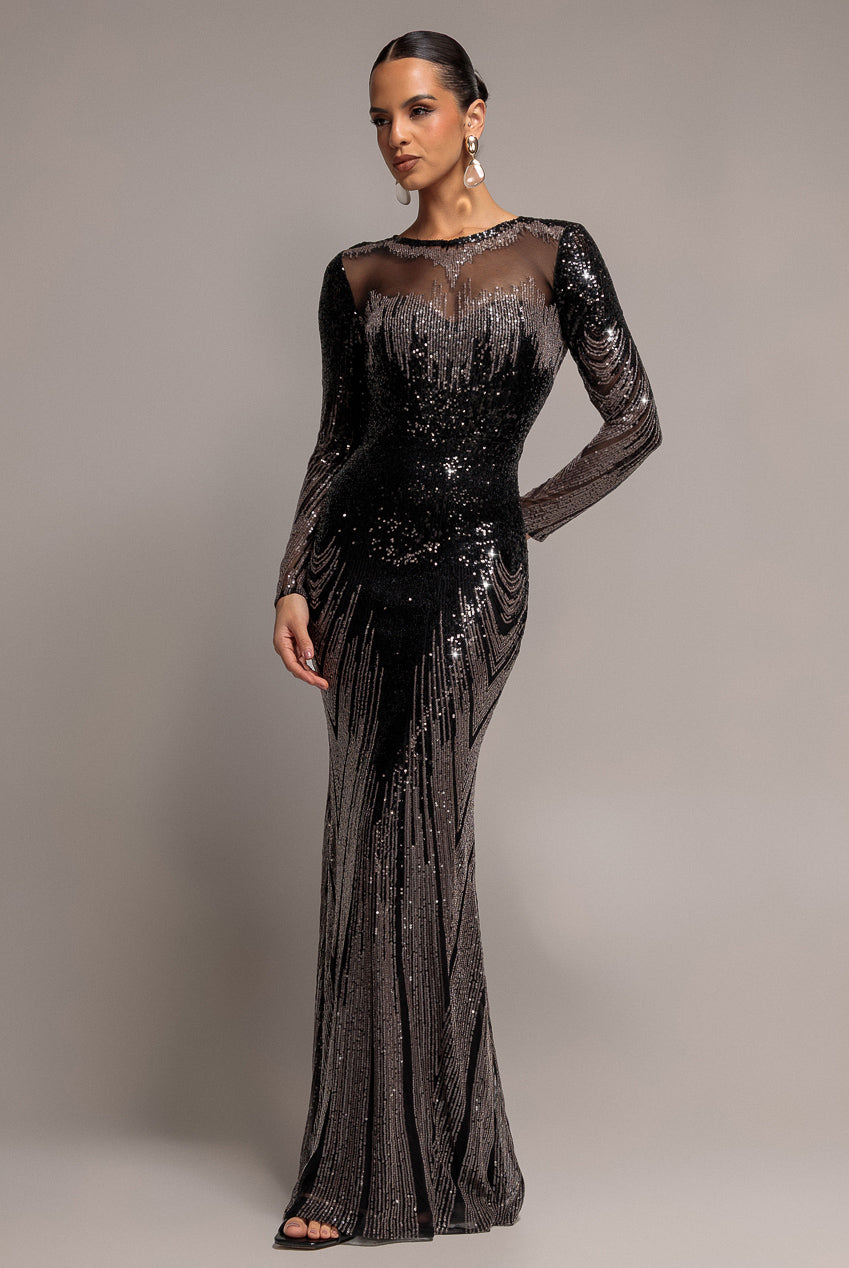 Goddiva Long Sleeve Aztec Sequin Maxi Dress - Black