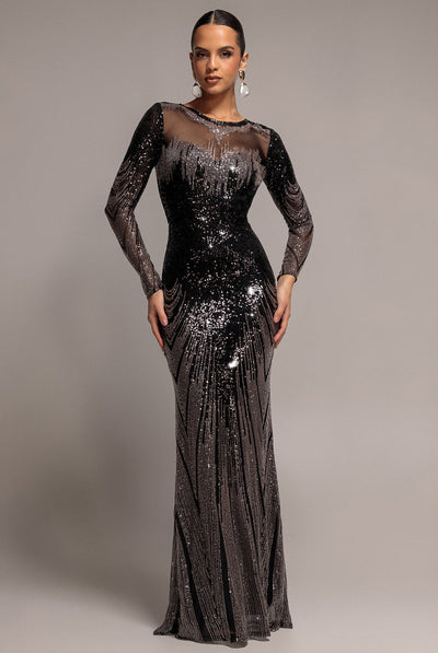 Black - Goddiva Long Sleeve Aztec Sequin Maxi Dress - Black