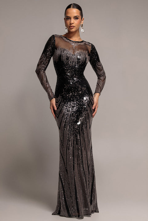 Goddiva Long Sleeve Aztec Sequin Maxi Dress - Black