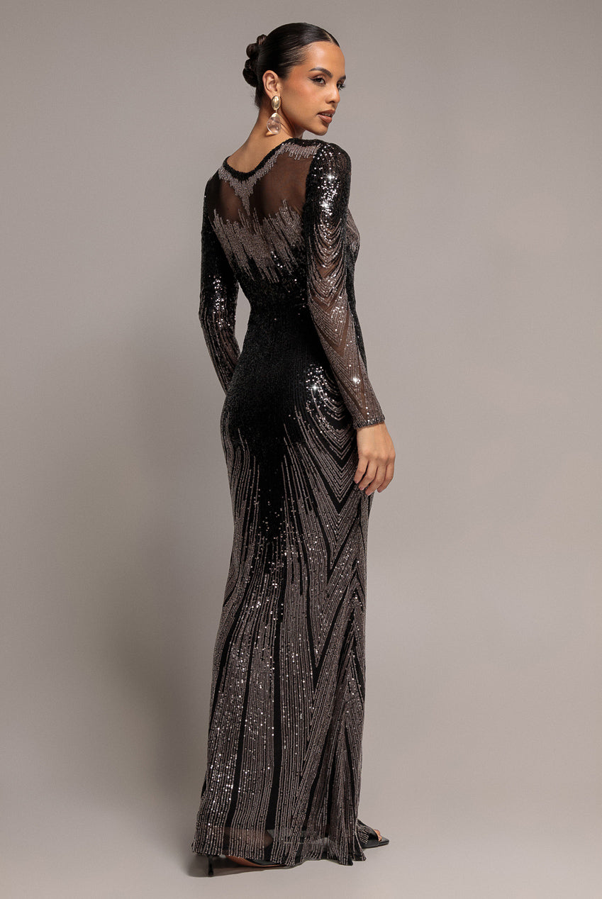 Goddiva Long Sleeve Aztec Sequin Maxi Dress - Black