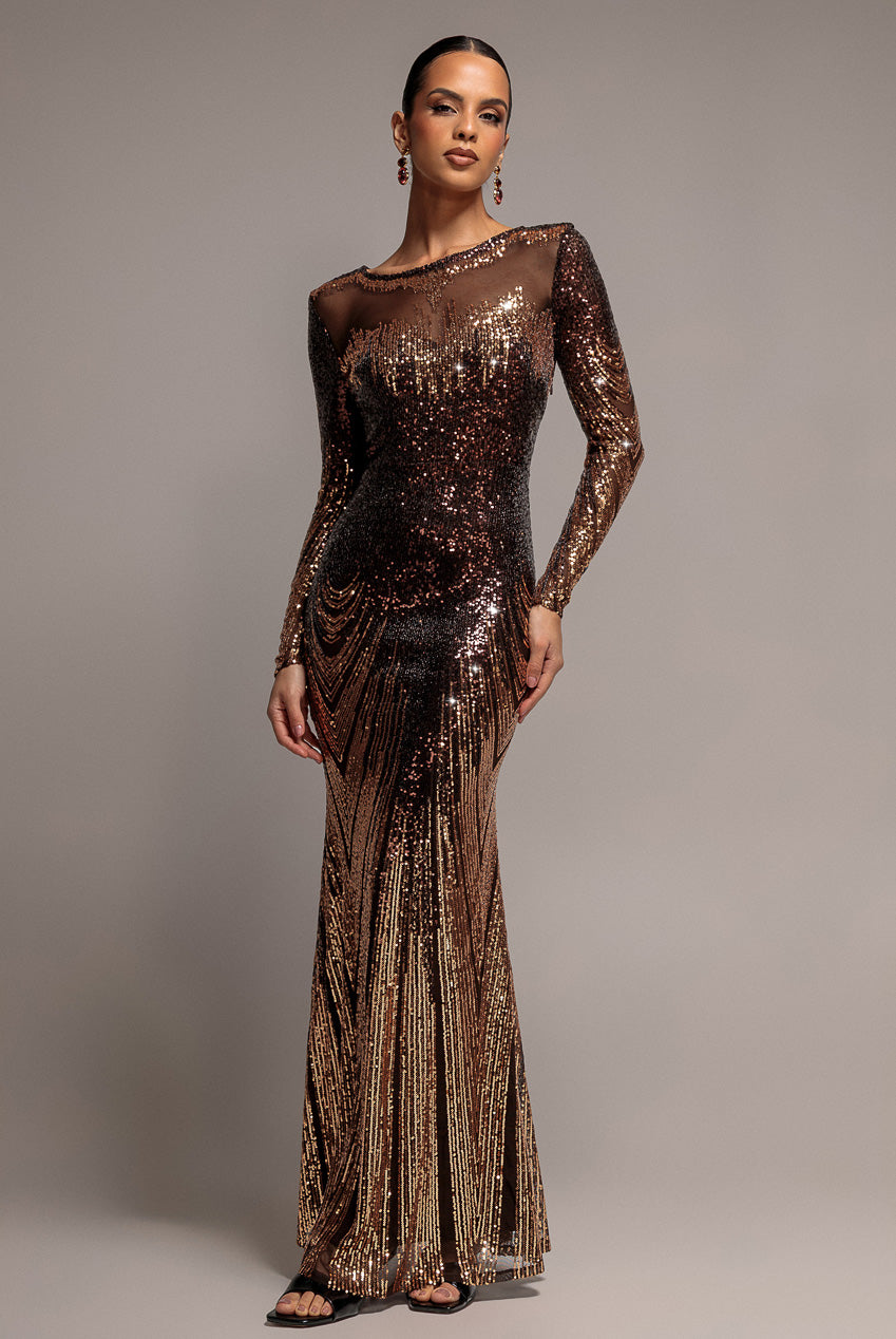 Goddiva Long Sleeve Aztec Sequin Maxi Dress - Brown