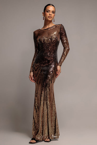 Brown - Goddiva Long Sleeve Aztec Sequin Maxi Dress - Brown