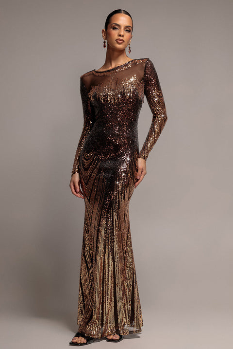 Goddiva Long Sleeve Aztec Sequin Maxi Dress - Brown