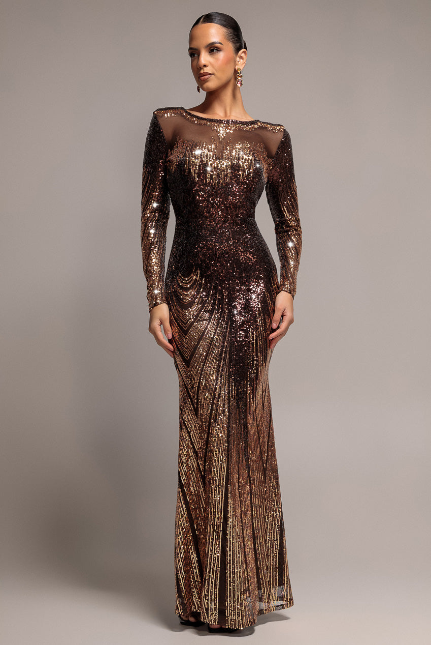 Goddiva Long Sleeve Aztec Sequin Maxi Dress - Brown
