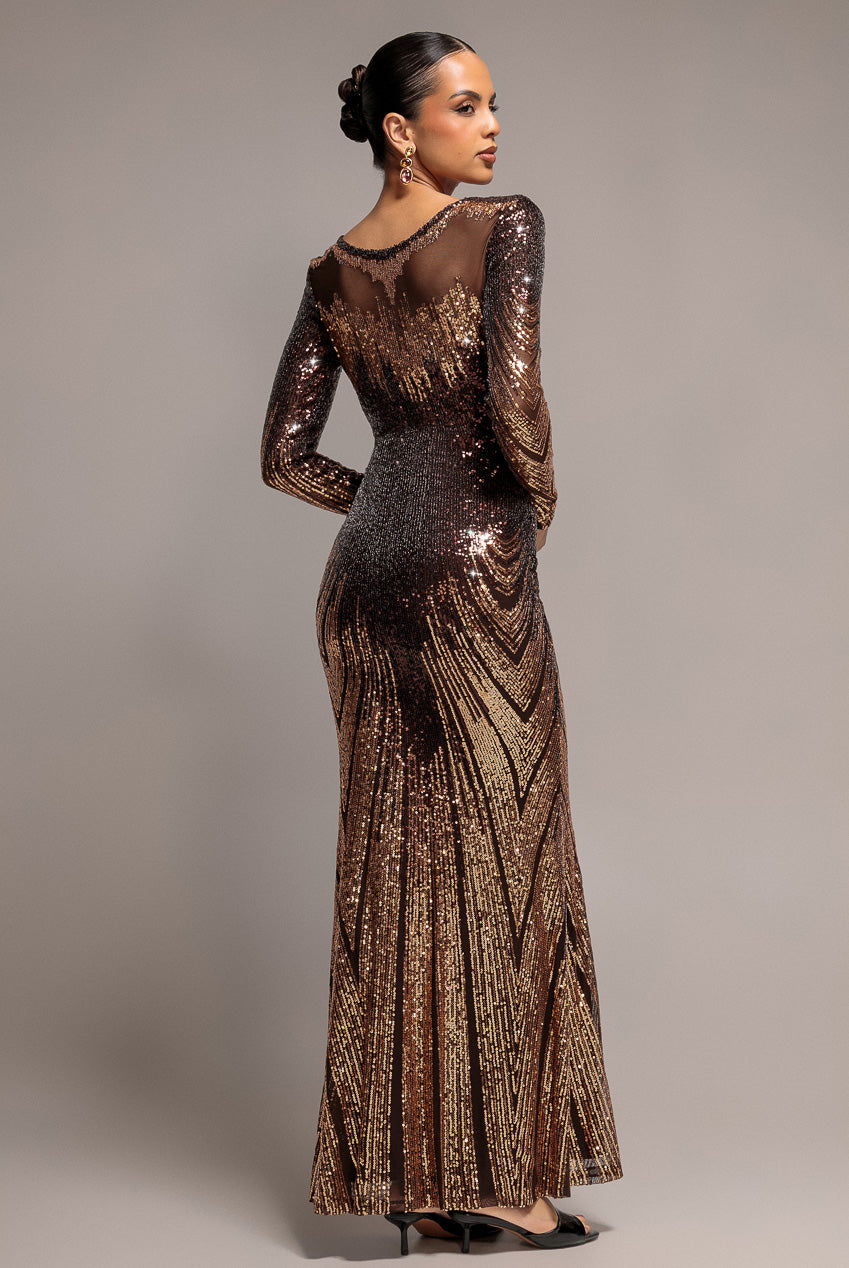 Goddiva Long Sleeve Aztec Sequin Maxi Dress - Brown