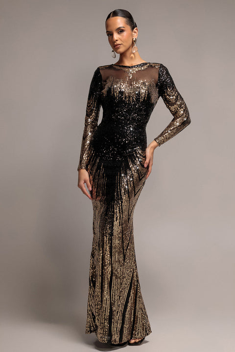 Goddiva Long Sleeve Aztec Sequin Maxi Dress - Gold