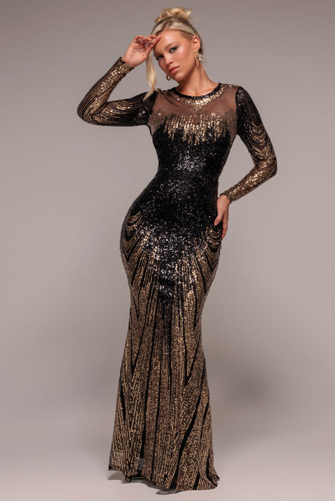 Goddiva Long Sleeve Aztec Sequin Maxi Dress - Gold