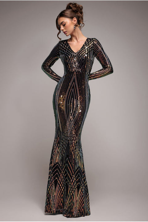 Goddiva Two Toned V Neck Sequin Maxi - Black