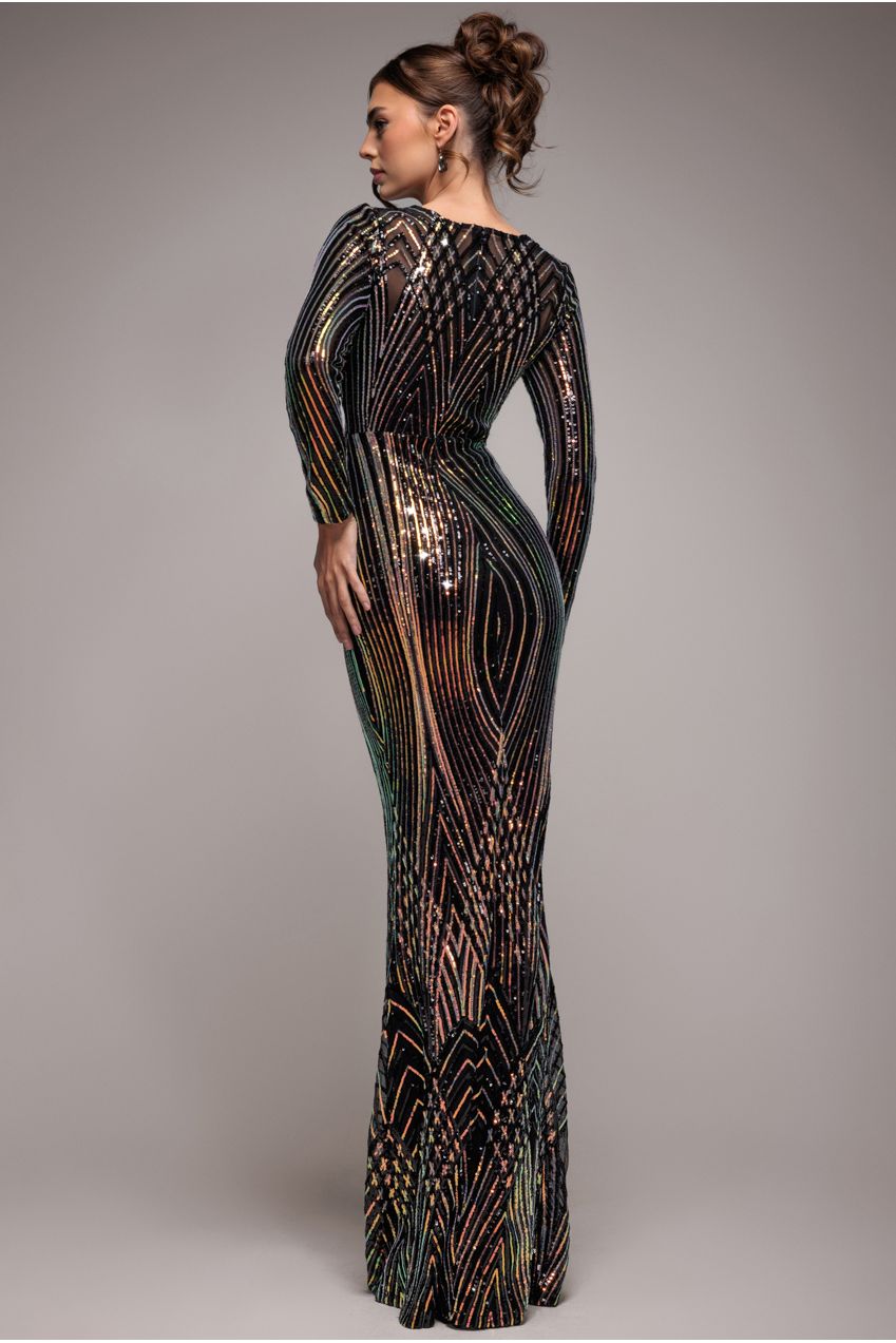 Goddiva Two Toned V Neck Sequin Maxi - Black