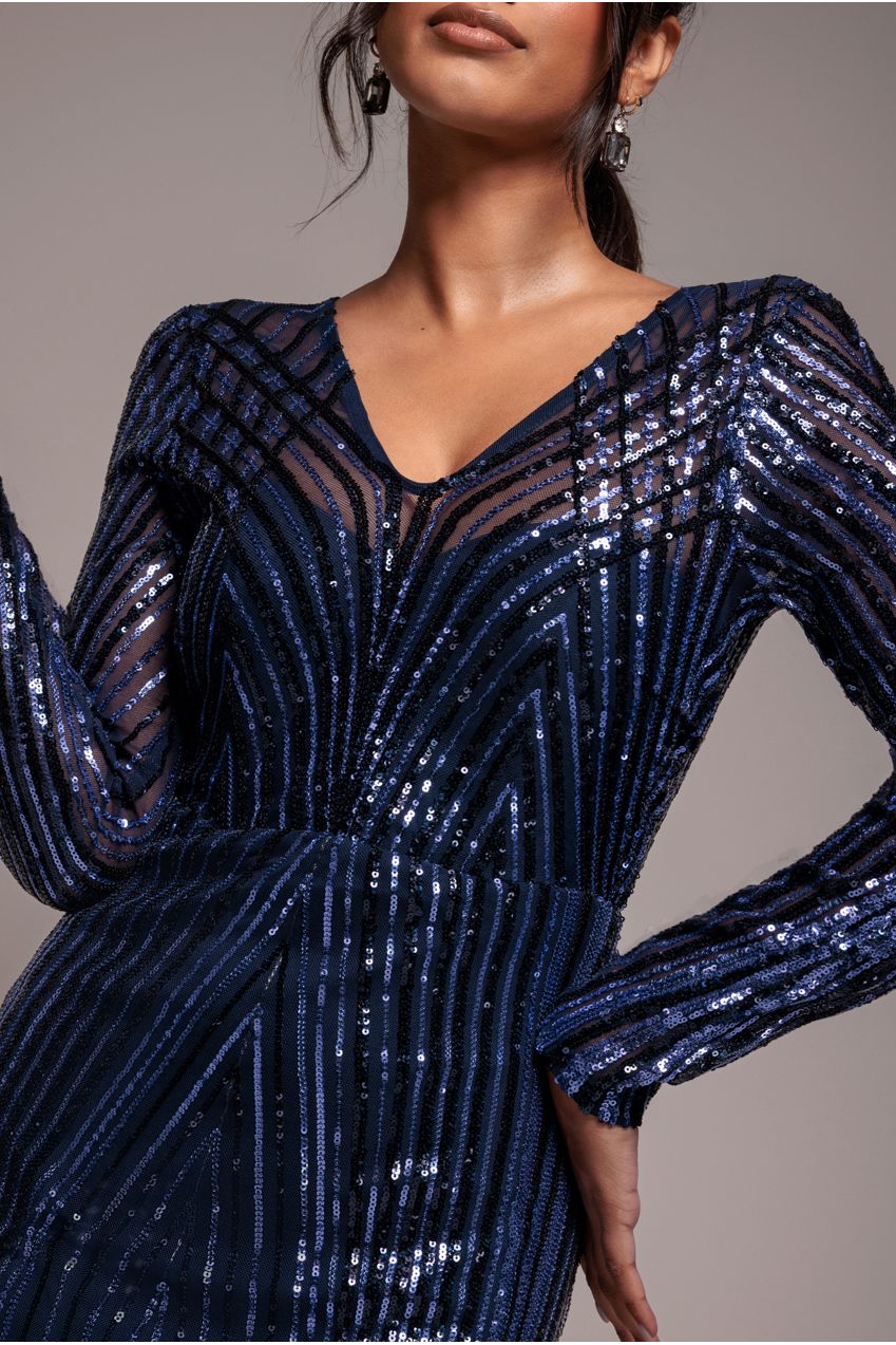 Goddiva Two Toned V Neck Sequin Maxi - Navy