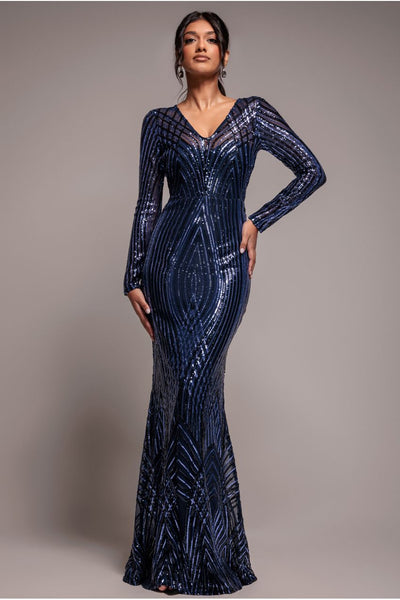 Navy - Goddiva Two Toned V Neck Sequin Maxi - Navy