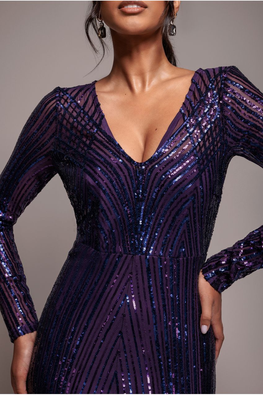 Goddiva Two Toned V Neck Sequin Maxi - Purple