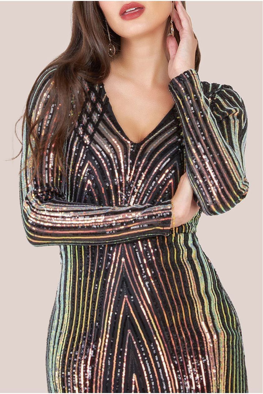 Goddiva Two Toned V Neck Sequin Maxi - Black
