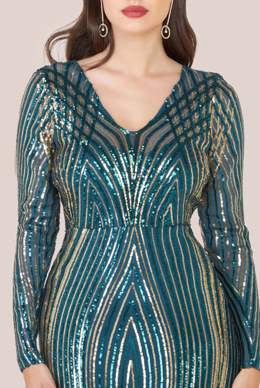 Goddiva Two Toned V Neck Sequin Maxi - Emerald Green