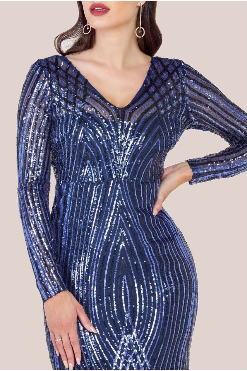 Goddiva Two Toned V Neck Sequin Maxi - Navy