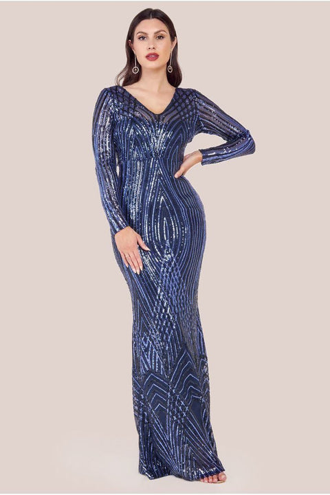 Goddiva Two Toned V Neck Sequin Maxi - Navy