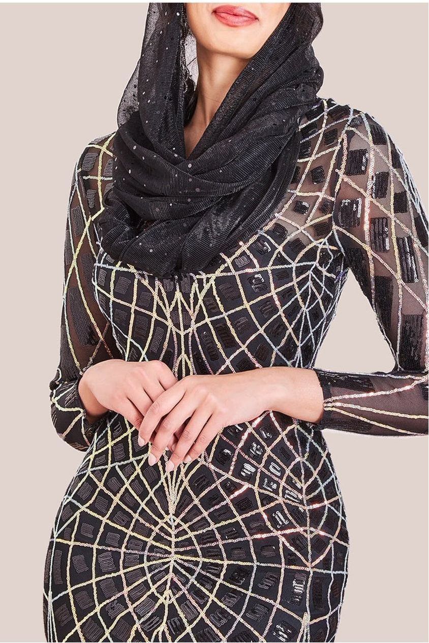 Goddiva Modesty Geo Sequin Maxi Dress - Black