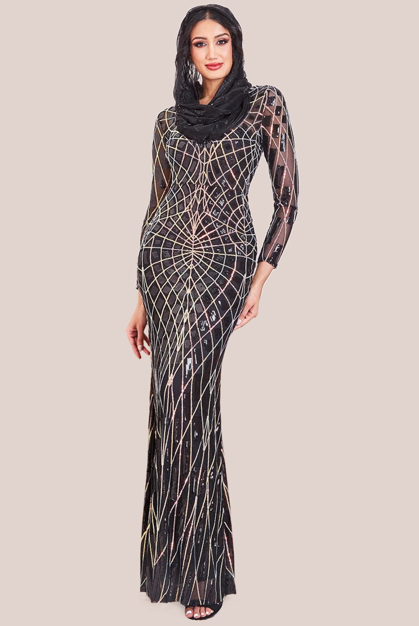 Goddiva Modesty Geo Sequin Maxi Dress - Black