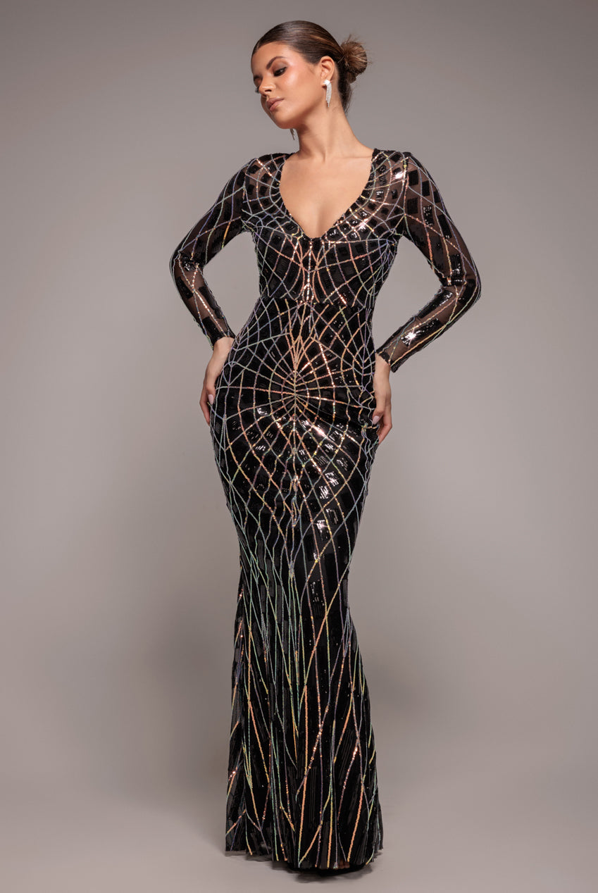 Goddiva Geo Sequin Long Sleeve Maxi Dress - Black
