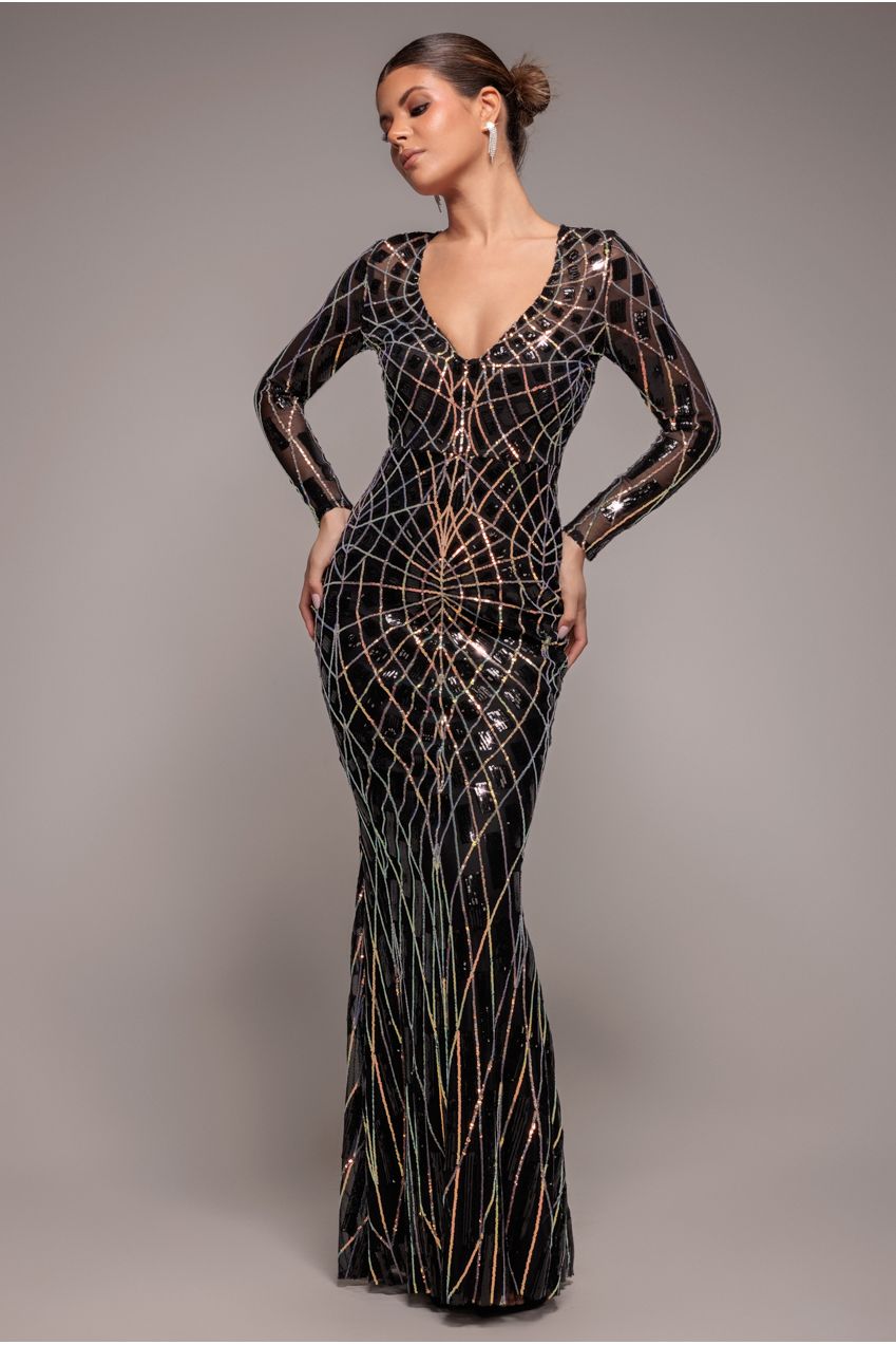 Goddiva Geo Sequin Long Sleeve Maxi Dress - Black