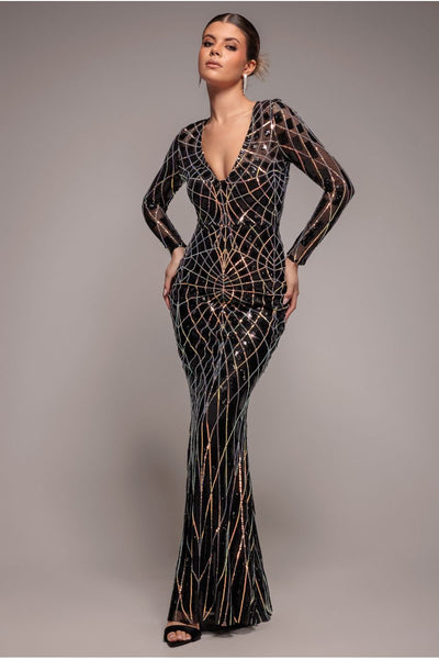 Black - Goddiva Geo Sequin Long Sleeve Maxi Dress - Black