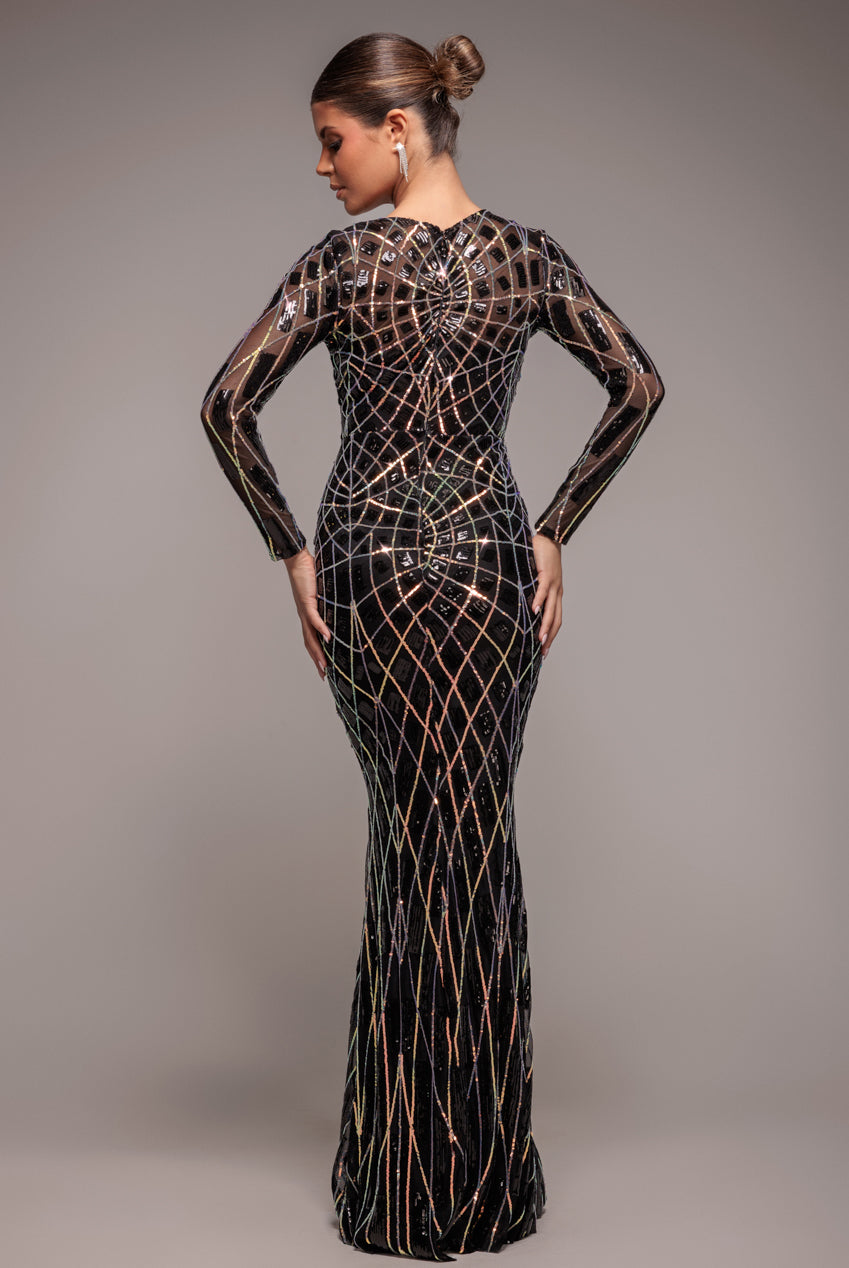 Goddiva Geo Sequin Long Sleeve Maxi Dress - Black