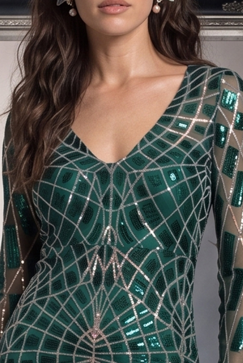 Goddiva Iridescent Long Sleeve Sequin Mermaid Inspired Halloween Costume - Emerald Green