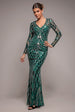 Goddiva Geo Sequin Long Sleeve Maxi Dress - Emerald