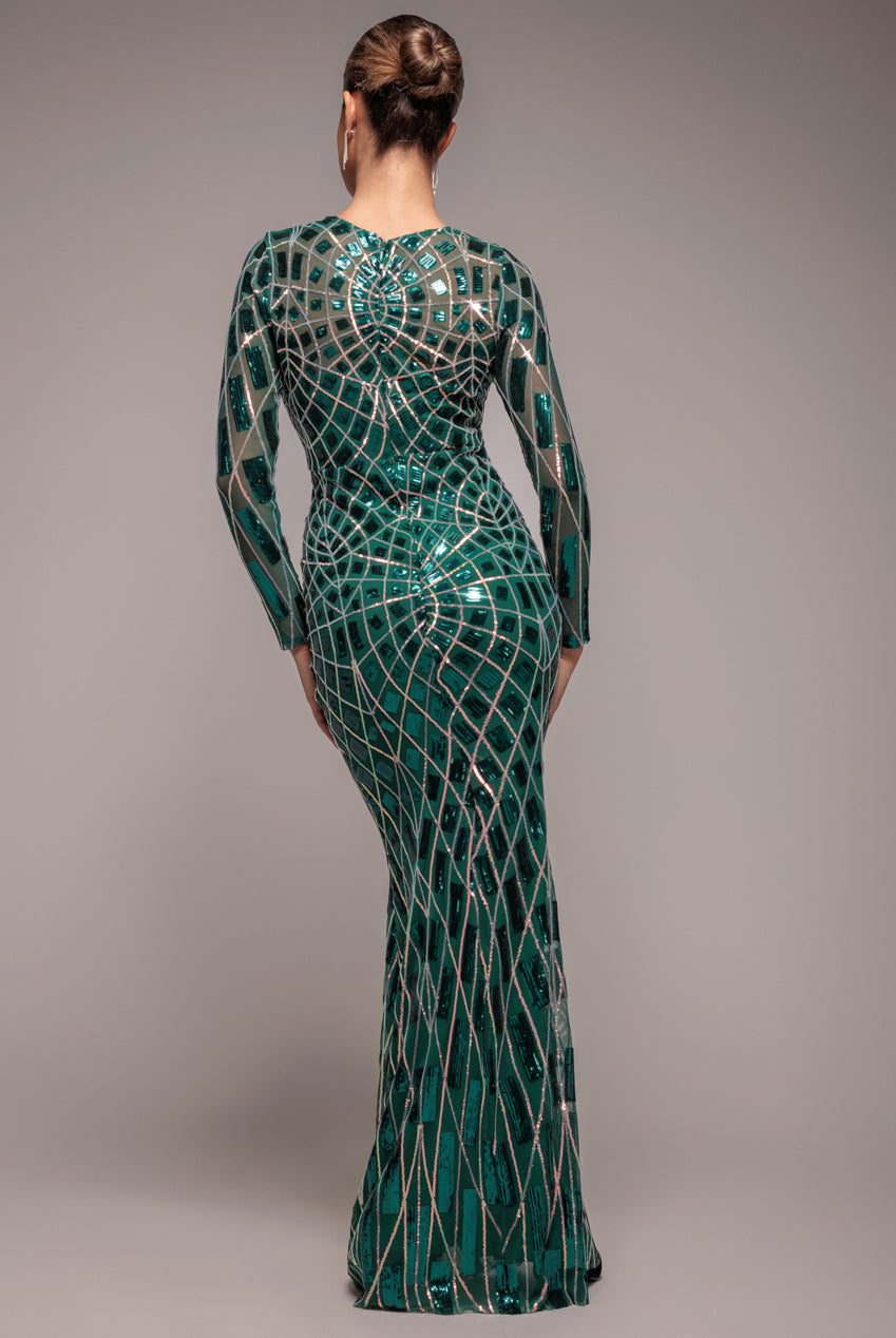 Goddiva Geo Sequin Long Sleeve Maxi Dress - Emerald