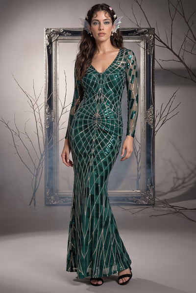 Emerald - Goddiva Iridescent Long Sleeve Sequin Mermaid Inspired Halloween Costume - Emerald Green