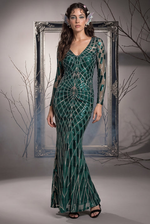 Goddiva Iridescent Long Sleeve Sequin Mermaid Inspired Halloween Costume - Emerald Green