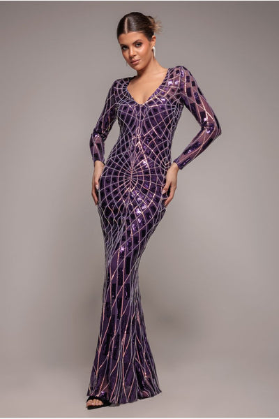 Purple - Goddiva Geo Sequin Long Sleeve Maxi Dress - Purple