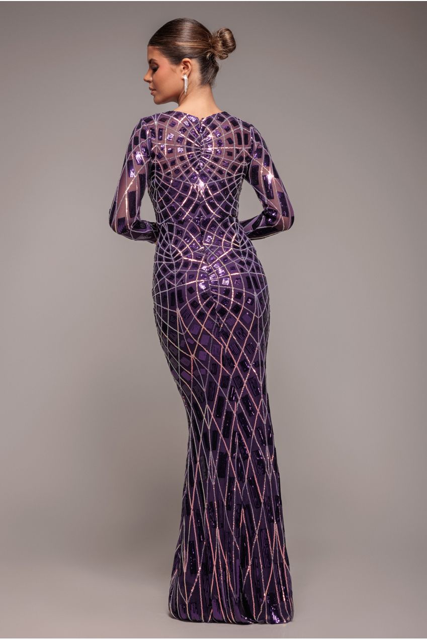 Goddiva Geo Sequin Long Sleeve Maxi Dress - Purple