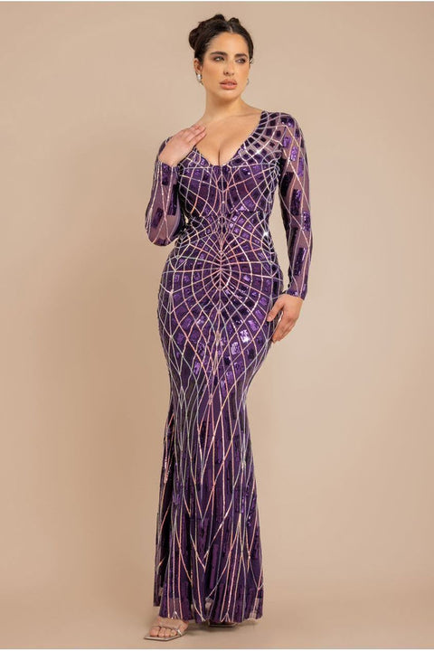 Goddiva Geo Sequin Long Sleeve Maxi Dress - Purple