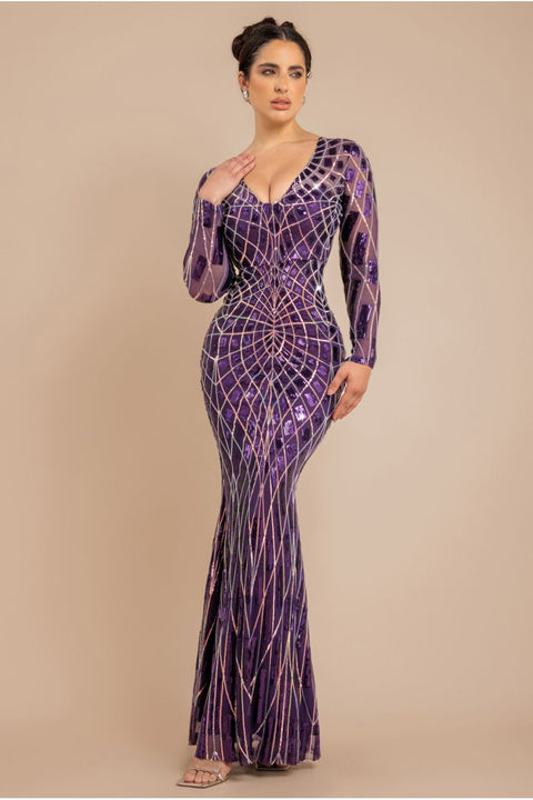 Goddiva Geo Sequin Long Sleeve Maxi Dress - Purple