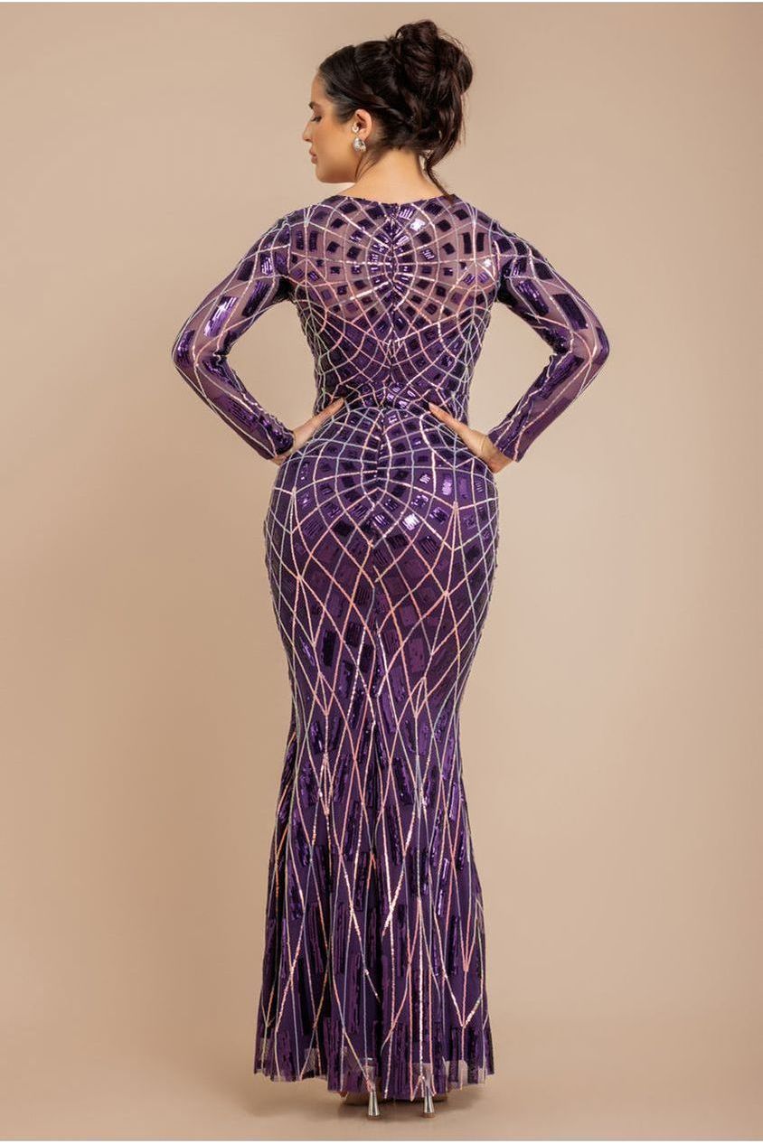 Goddiva Geo Sequin Long Sleeve Maxi Dress - Purple
