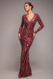 Goddiva Geo Sequin Long Sleeve Maxi Dress - Wine
