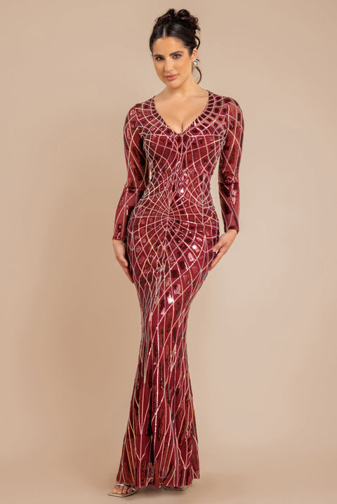 Goddiva Geo Sequin Long Sleeve Maxi Dress - Wine