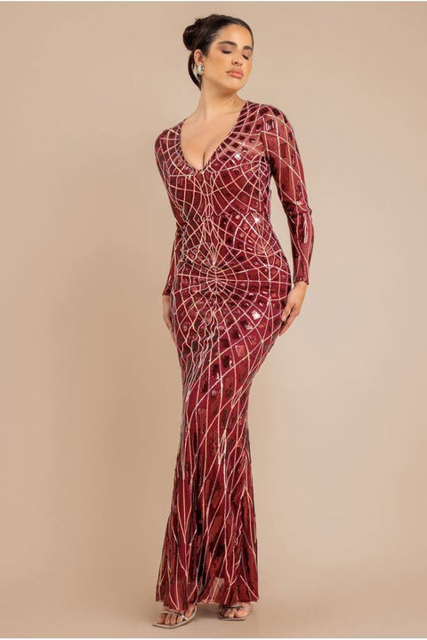 Goddiva Geo Sequin Long Sleeve Maxi Dress - Wine