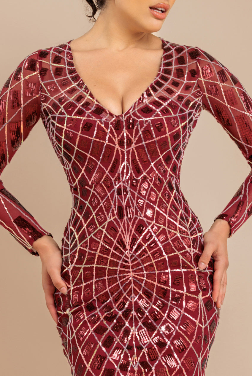Goddiva Geo Sequin Long Sleeve Maxi Dress - Wine