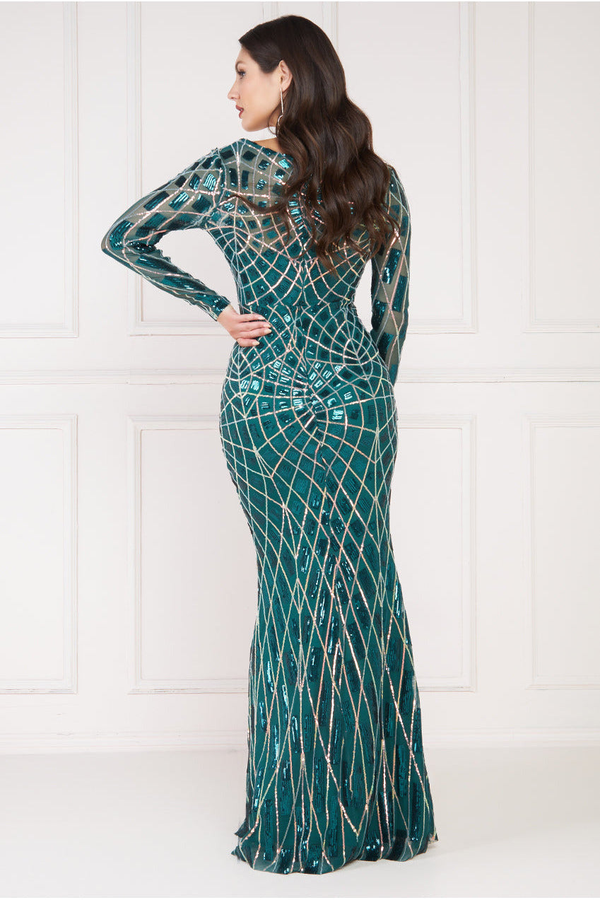 Goddiva Geo Sequin Long Sleeve Maxi Dress - Emerald