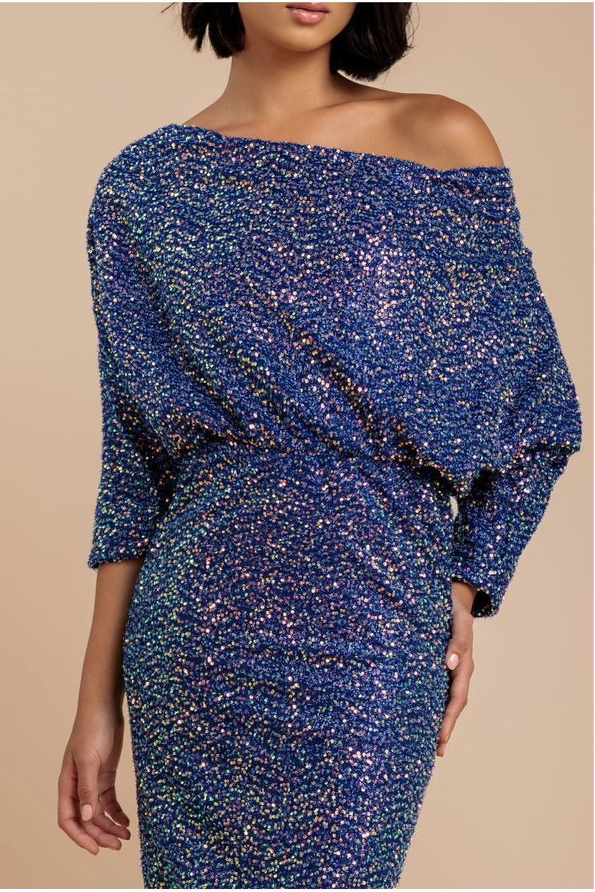 Goddiva Sequin Cowl Neck Midi Dress - Royal Blue