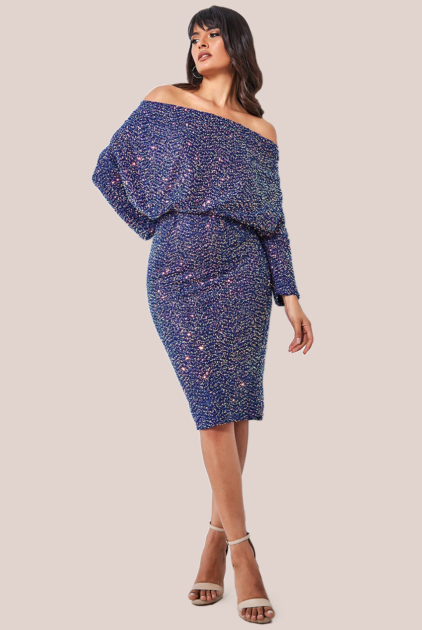 Goddiva Sequin Cowl Neck Midi Dress - Royal Blue