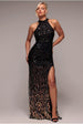 Goddiva Ombre Sequin Halter Maxi With Thigh Split - Black