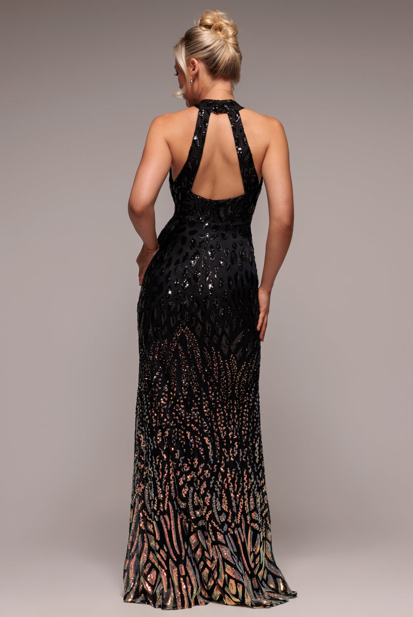 Goddiva Ombre Sequin Halter Maxi With Thigh Split - Black