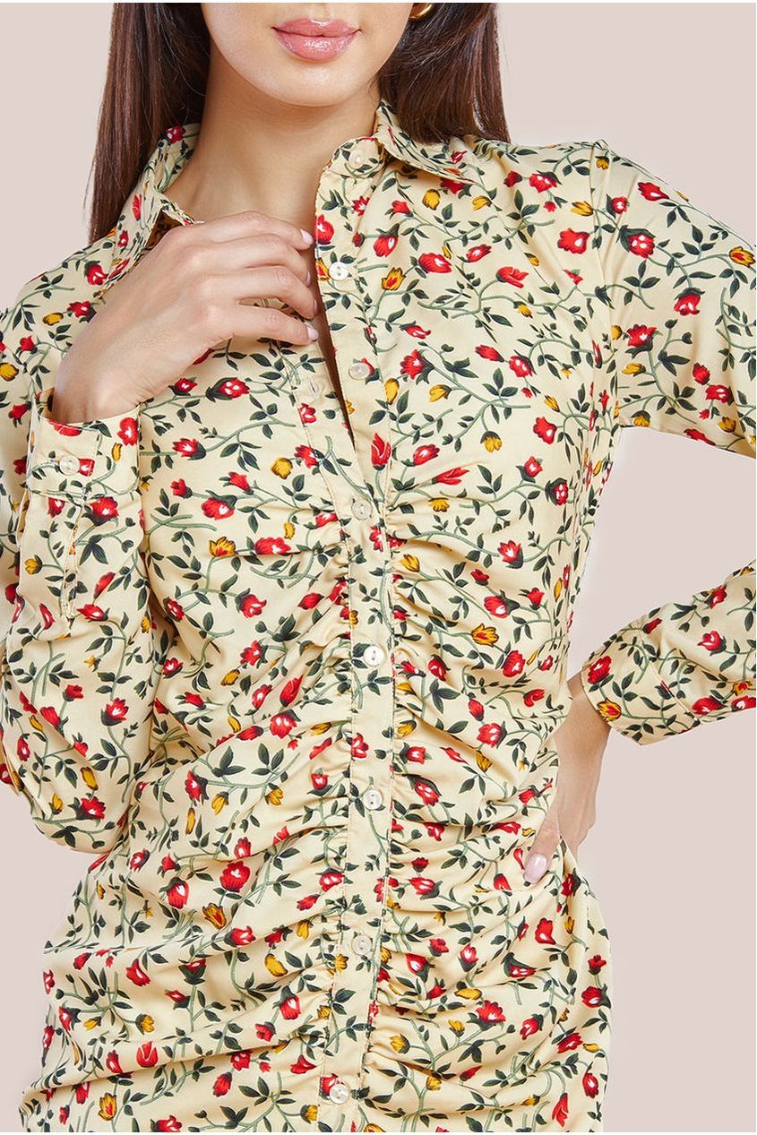 City Goddess Floral Print Shirt Dress - Beige