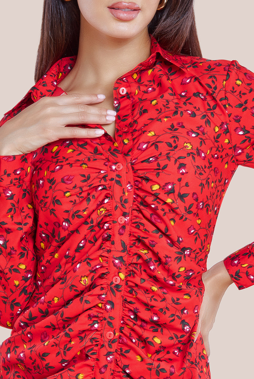 City Goddess Floral Print Shirt Dress - Red