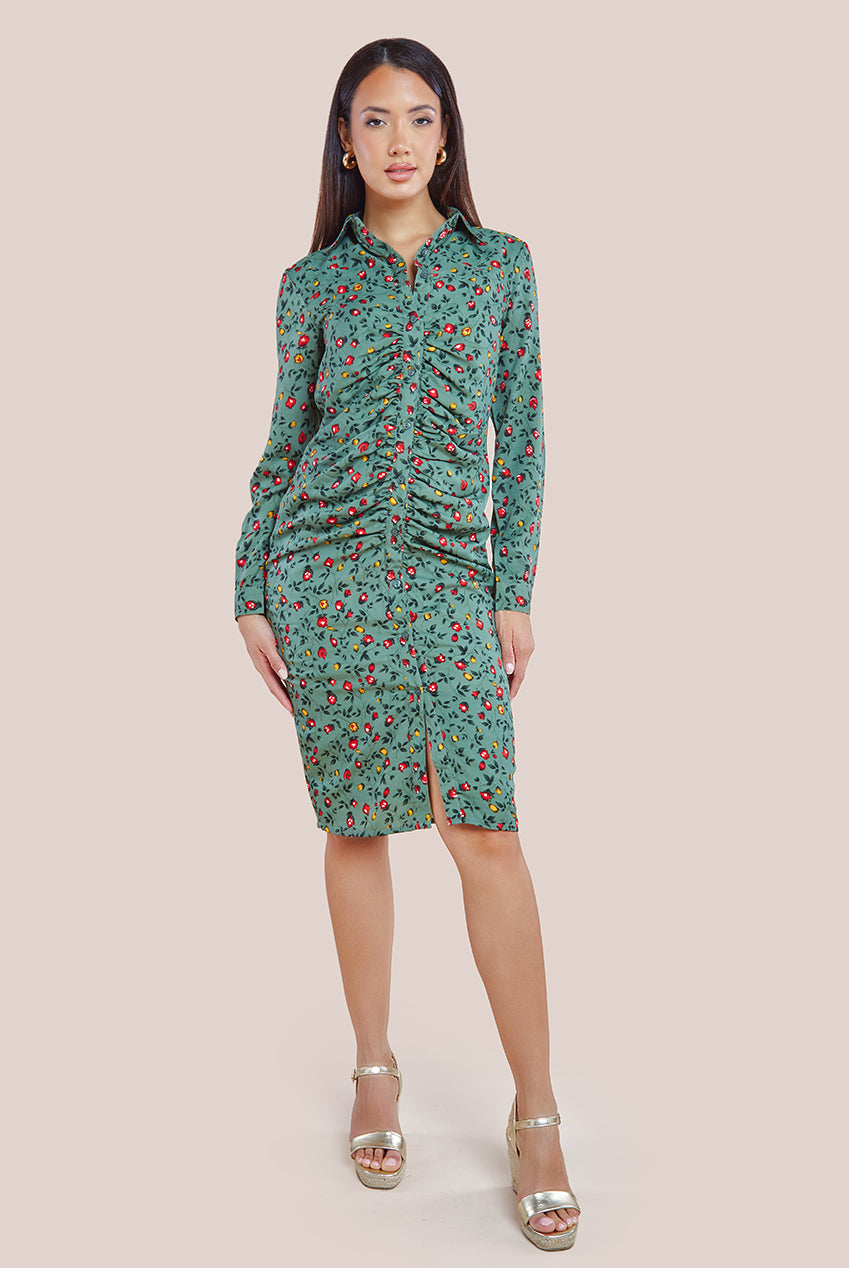 City Goddess Floral Print Shirt Dress - Sage Green