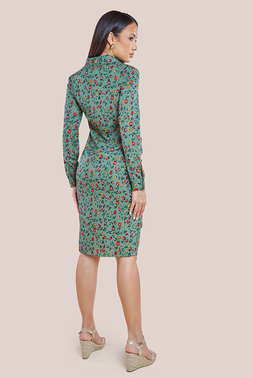 City Goddess Floral Print Shirt Dress - Sage Green